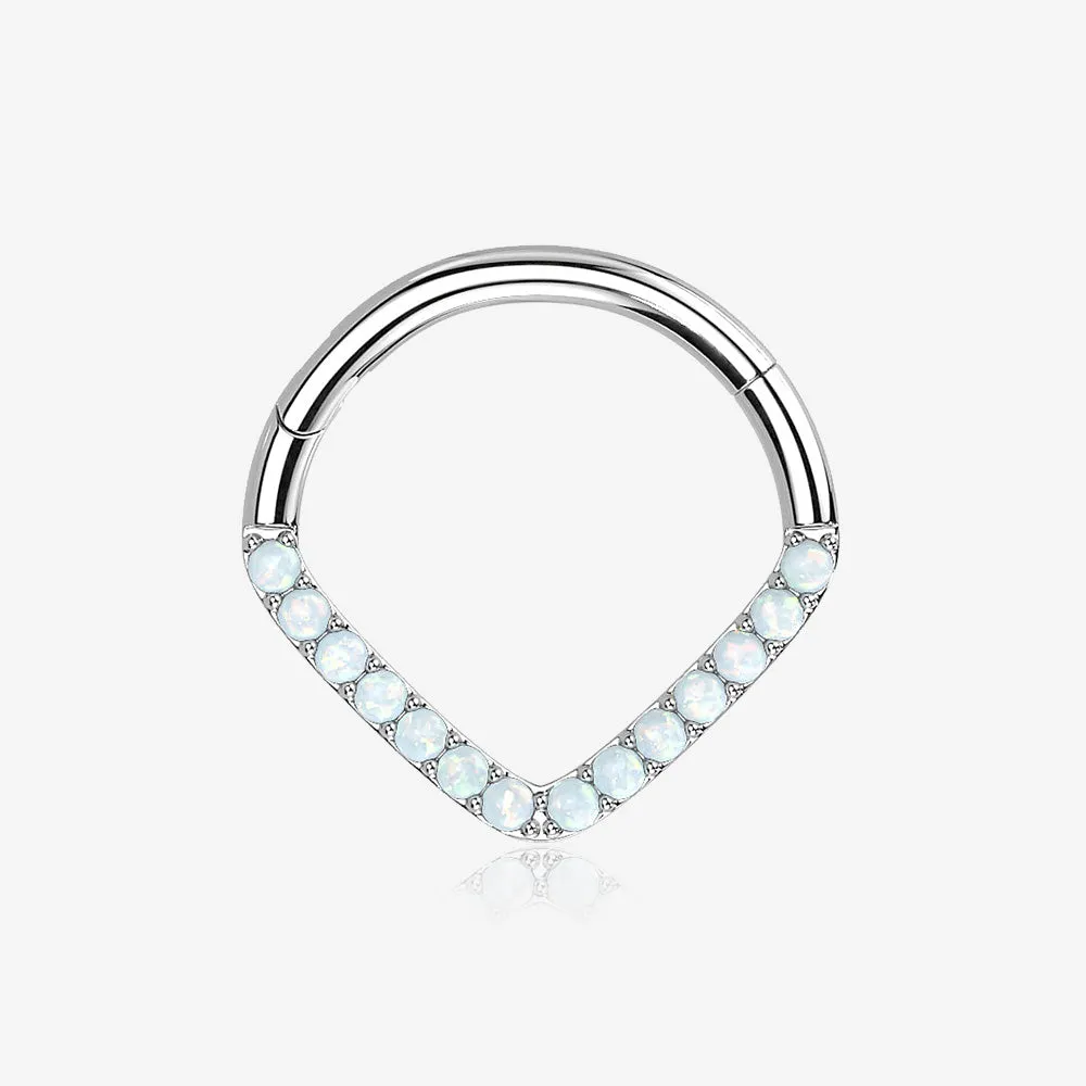 14 Karat White Gold Fire Opal Sparkle Chevron Clicker Hoop Ring