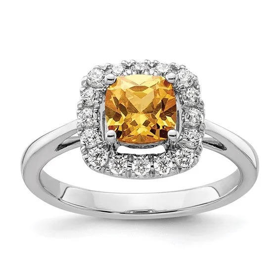 14k White Gold 6mm Cushion Gemstone and Diamond Halo Rings