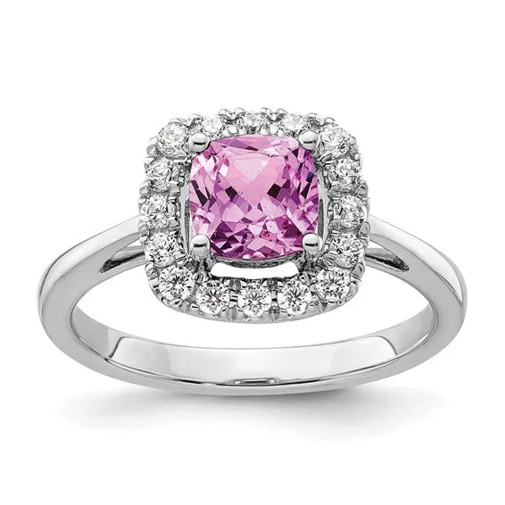 14k White Gold 6mm Cushion Gemstone and Diamond Halo Rings