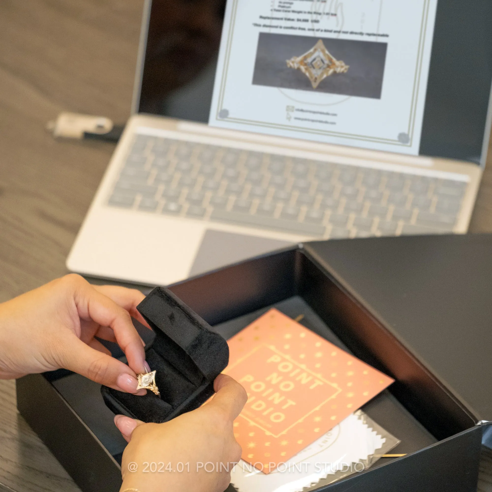 2.14 Carat Black Speckled Hexagon Diamond Engagement Ring, Empress Setting, 14K Rose Gold
