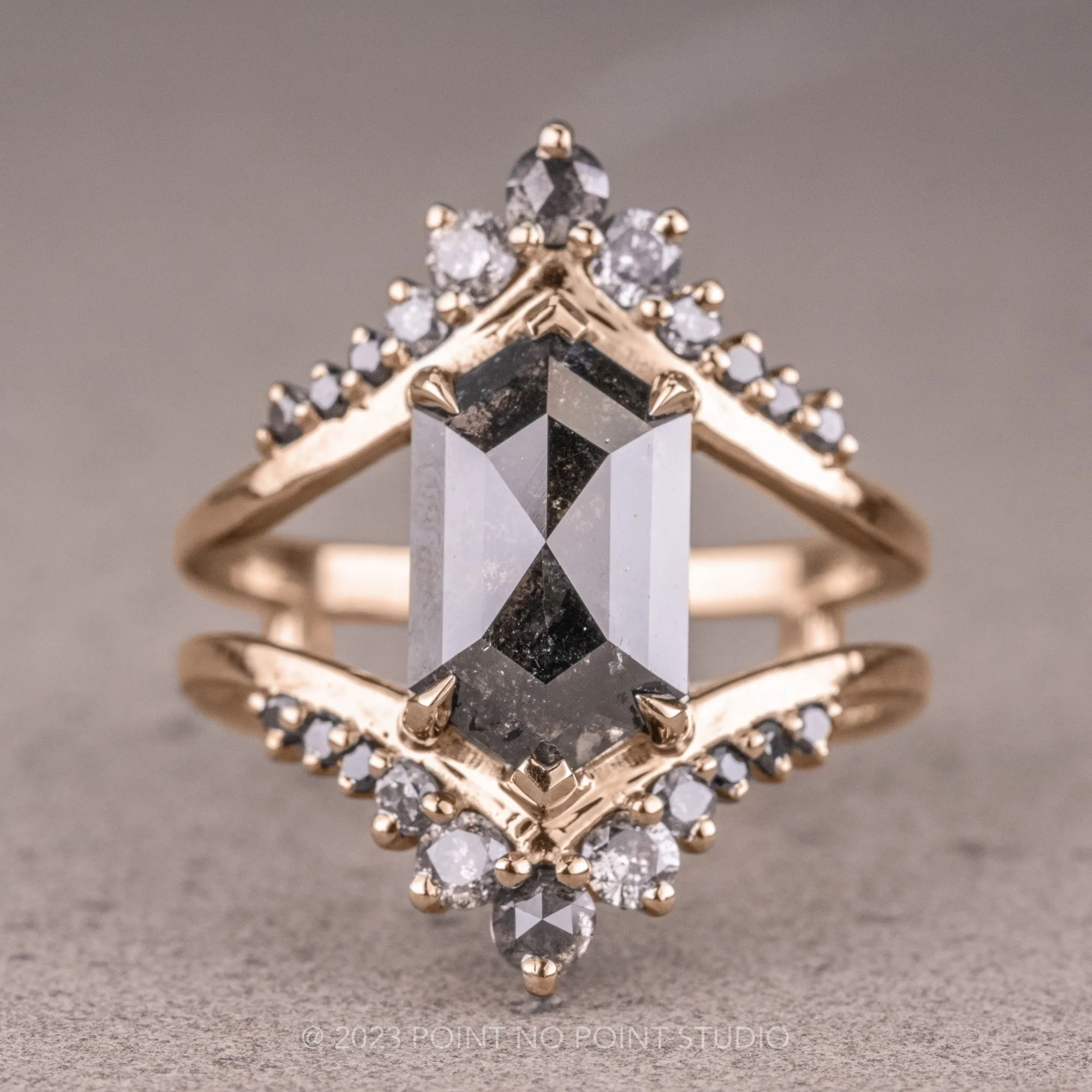 2.14 Carat Black Speckled Hexagon Diamond Engagement Ring, Empress Setting, 14K Rose Gold