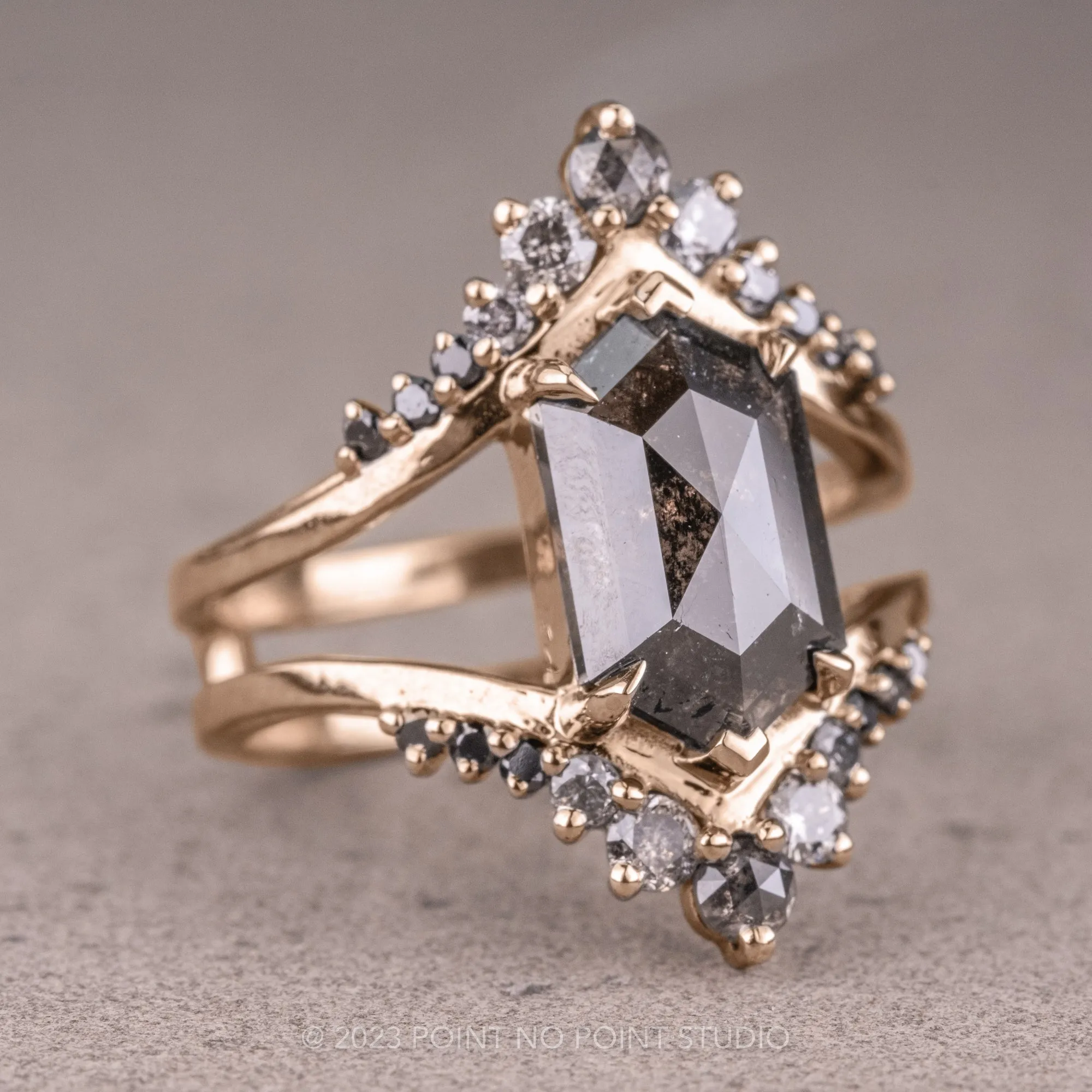 2.14 Carat Black Speckled Hexagon Diamond Engagement Ring, Empress Setting, 14K Rose Gold