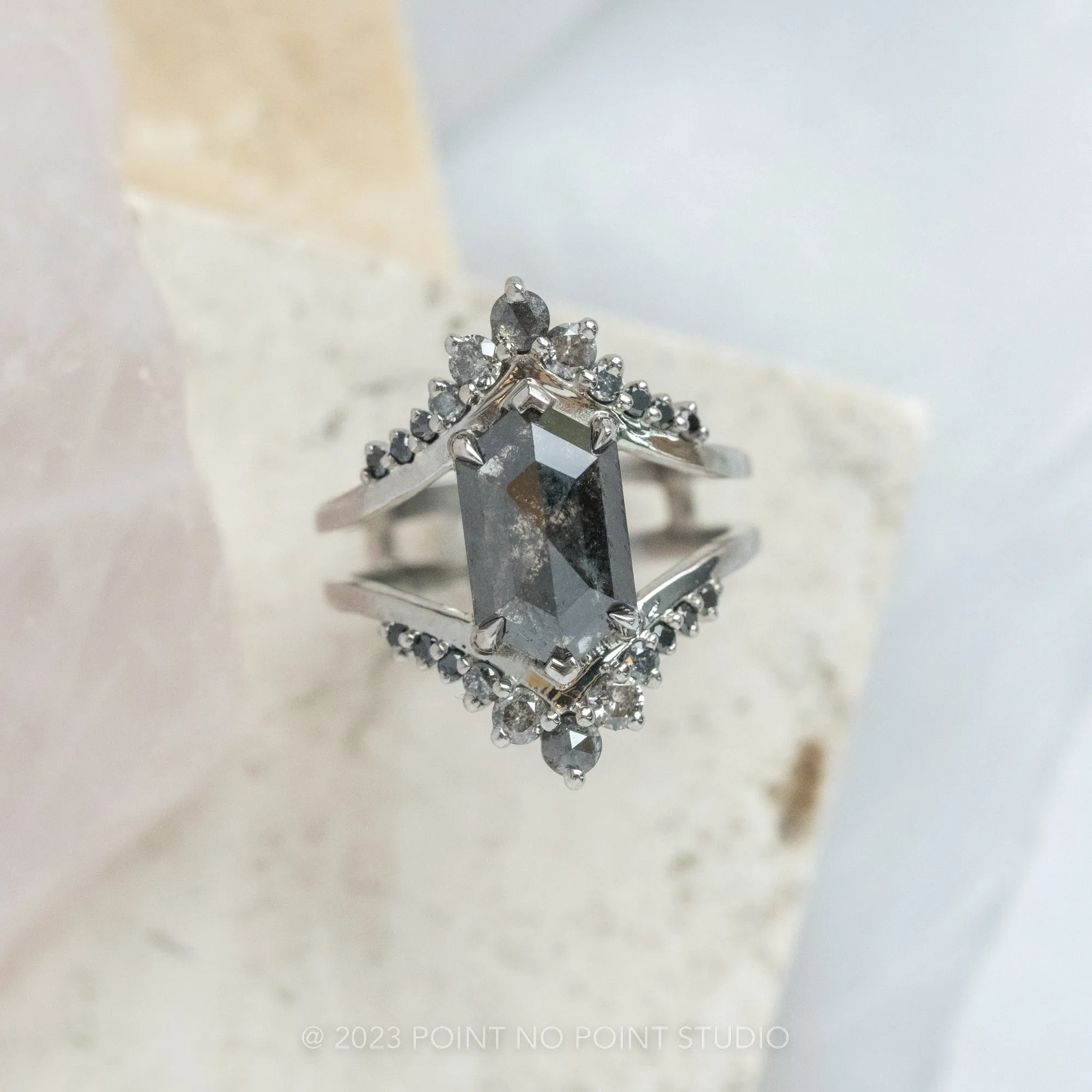 2.14 Carat Black Speckled Hexagon Diamond Engagement Ring, Empress Setting, 14K White Gold