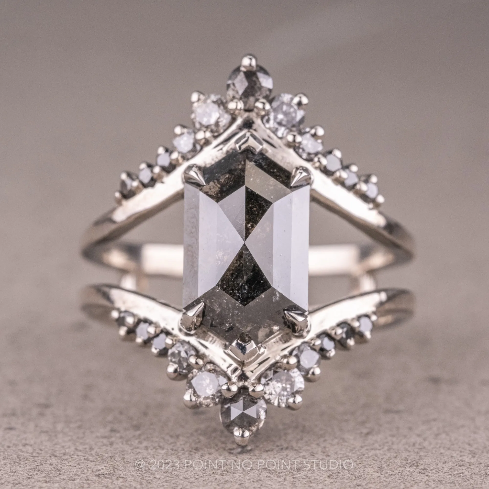 2.14 Carat Black Speckled Hexagon Diamond Engagement Ring, Empress Setting, 14K White Gold