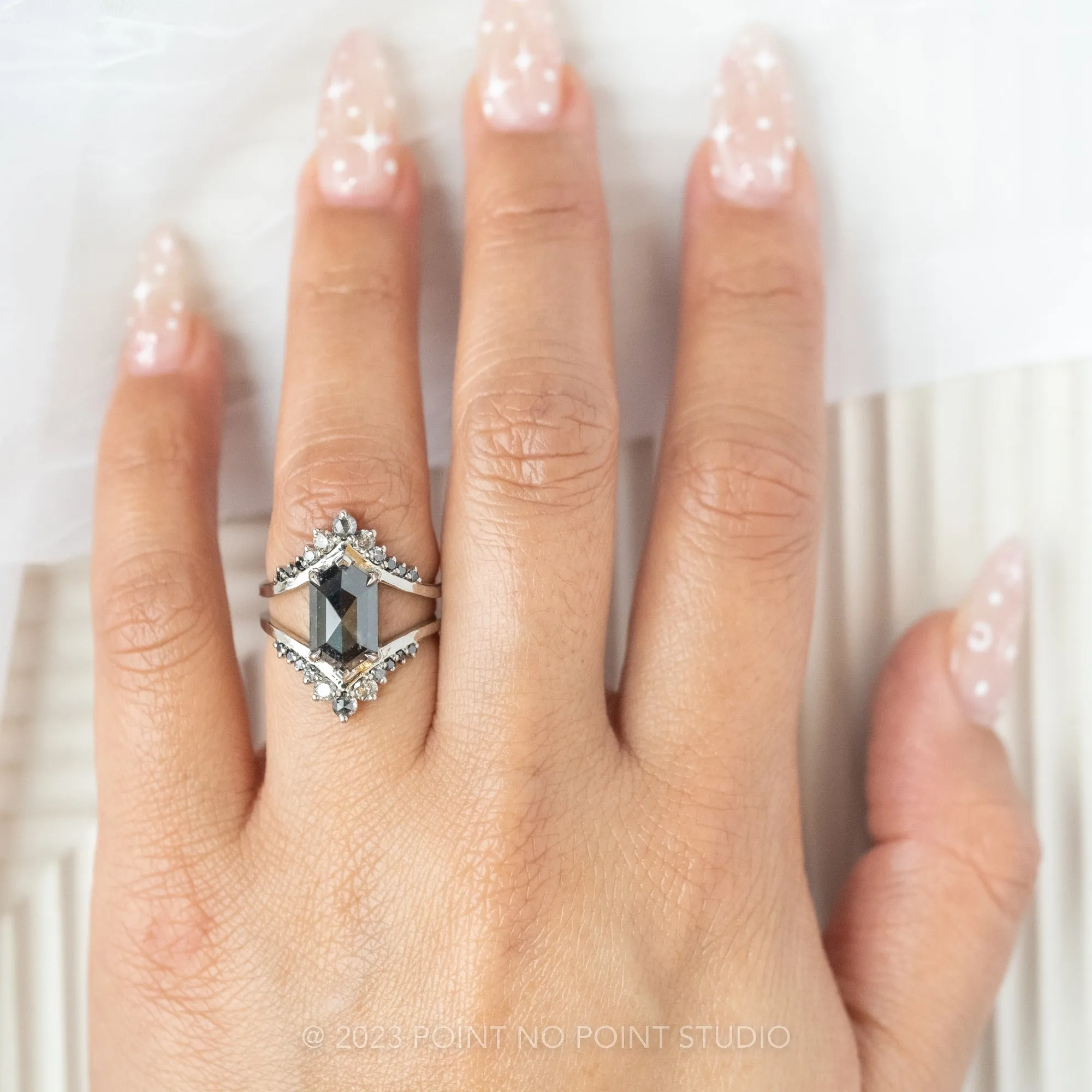 2.14 Carat Black Speckled Hexagon Diamond Engagement Ring, Empress Setting, 14K White Gold