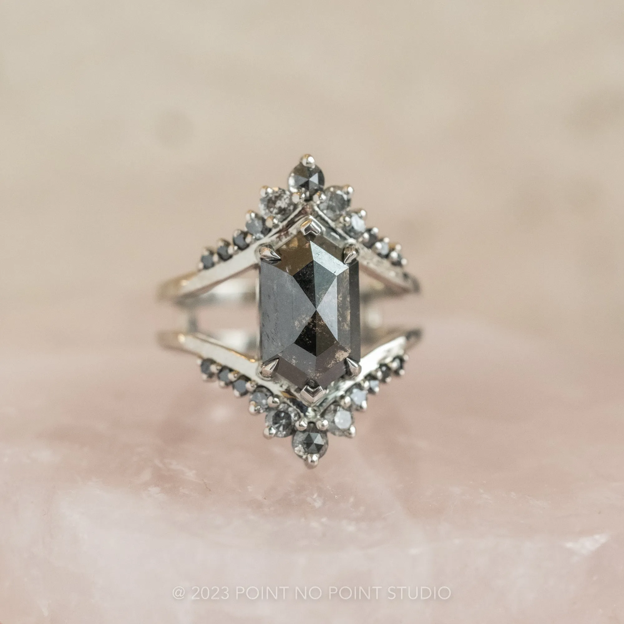 2.14 Carat Black Speckled Hexagon Diamond Engagement Ring, Empress Setting, 14K White Gold