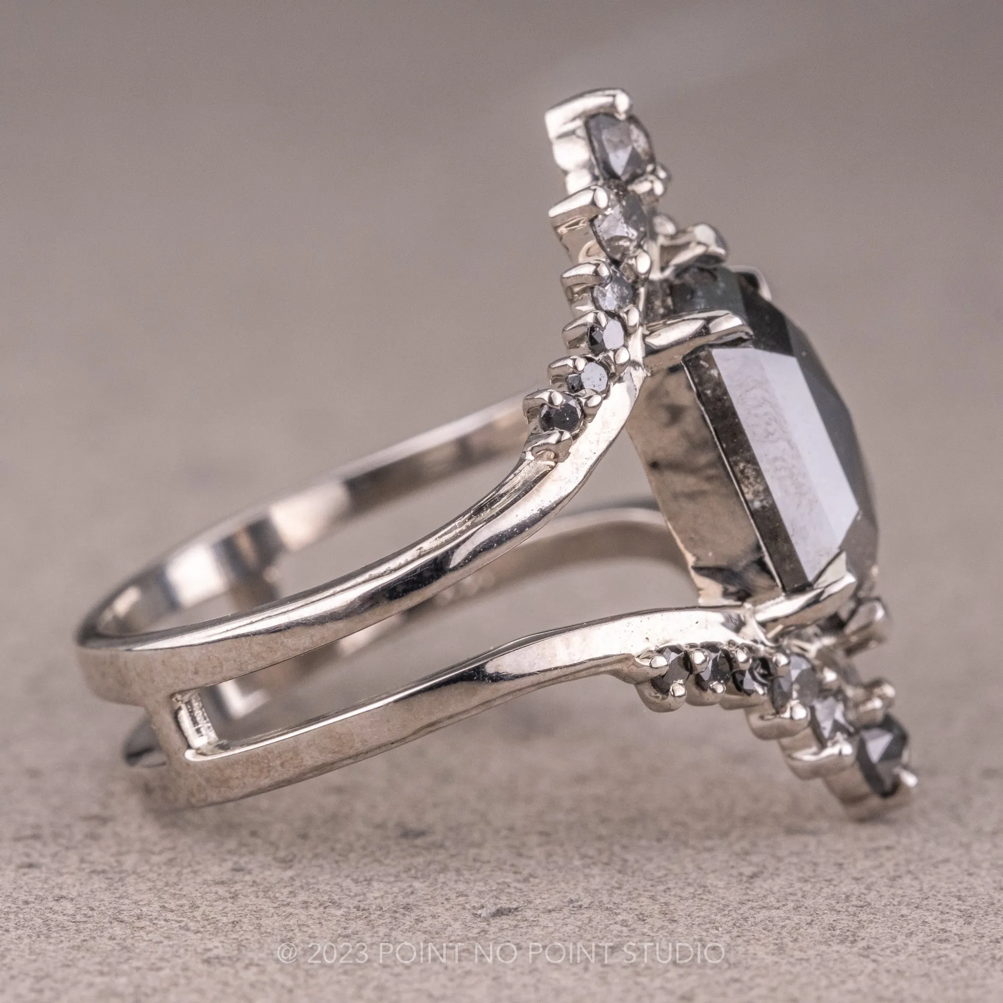 2.14 Carat Black Speckled Hexagon Diamond Engagement Ring, Empress Setting, 14K White Gold