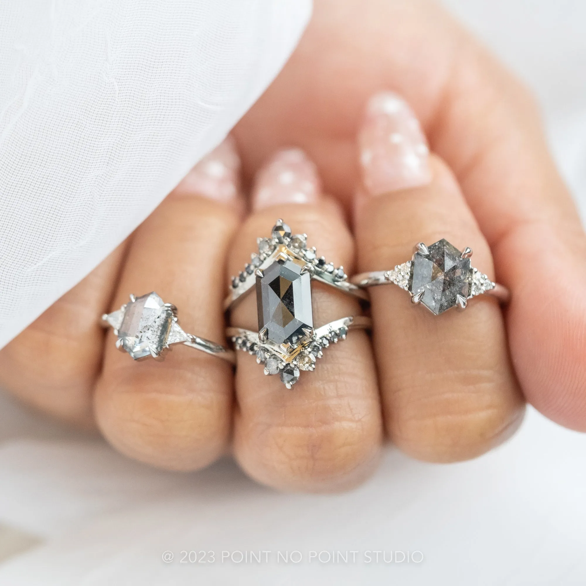 2.14 Carat Black Speckled Hexagon Diamond Engagement Ring, Empress Setting, 14K White Gold