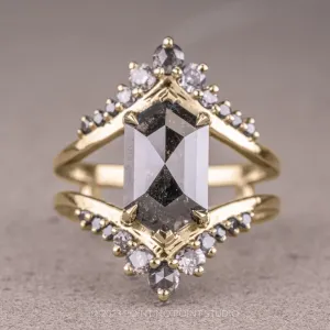 2.14 Carat Black Speckled Hexagon Diamond Engagement Ring, Empress Setting, 14K Yellow Gold