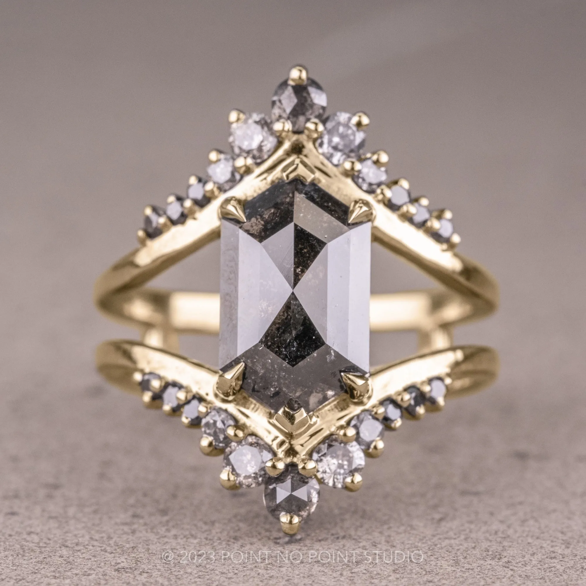 2.14 Carat Black Speckled Hexagon Diamond Engagement Ring, Empress Setting, 14K Yellow Gold