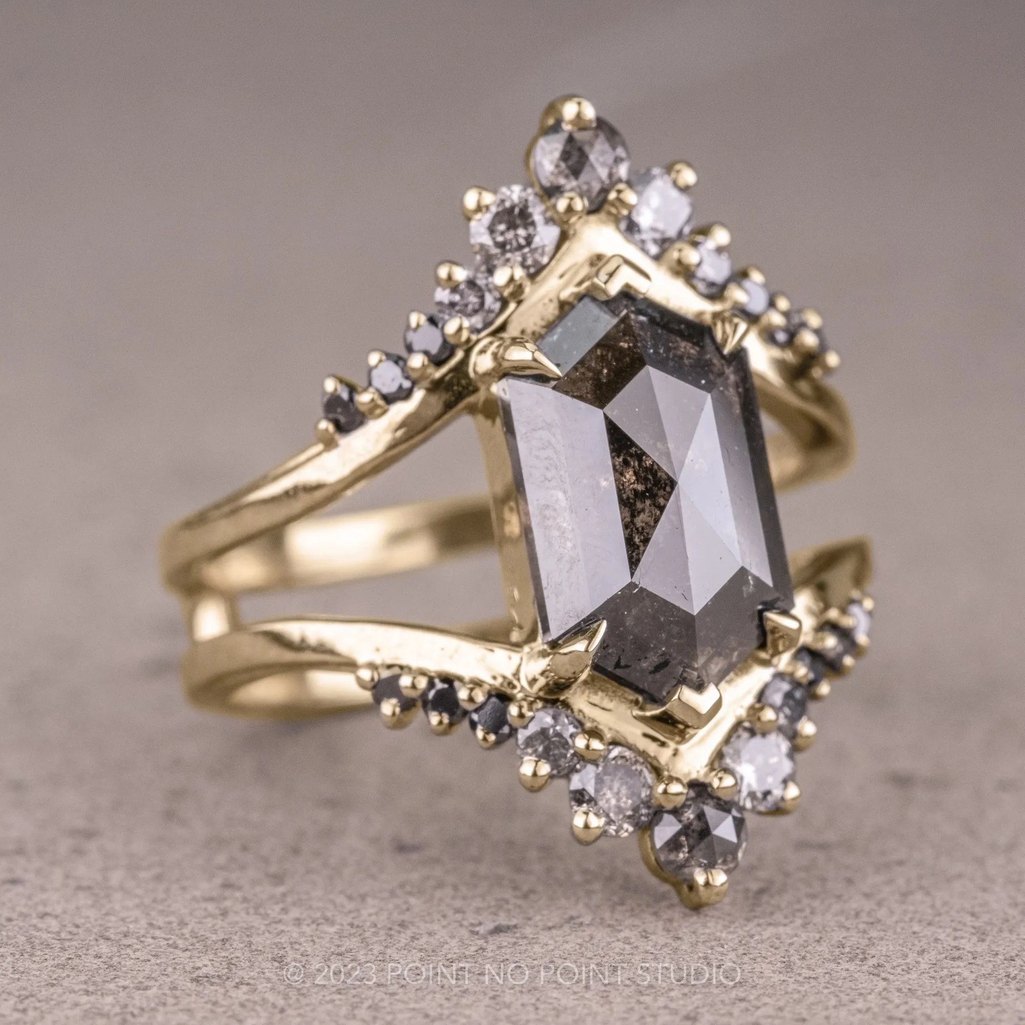 2.14 Carat Black Speckled Hexagon Diamond Engagement Ring, Empress Setting, 14K Yellow Gold