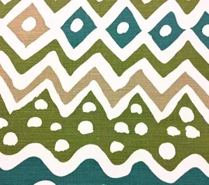 Alan Campbell Fabric: Cap Ferrat - Custom Blue / Green / Camel on White Belgian Linen / Cotton