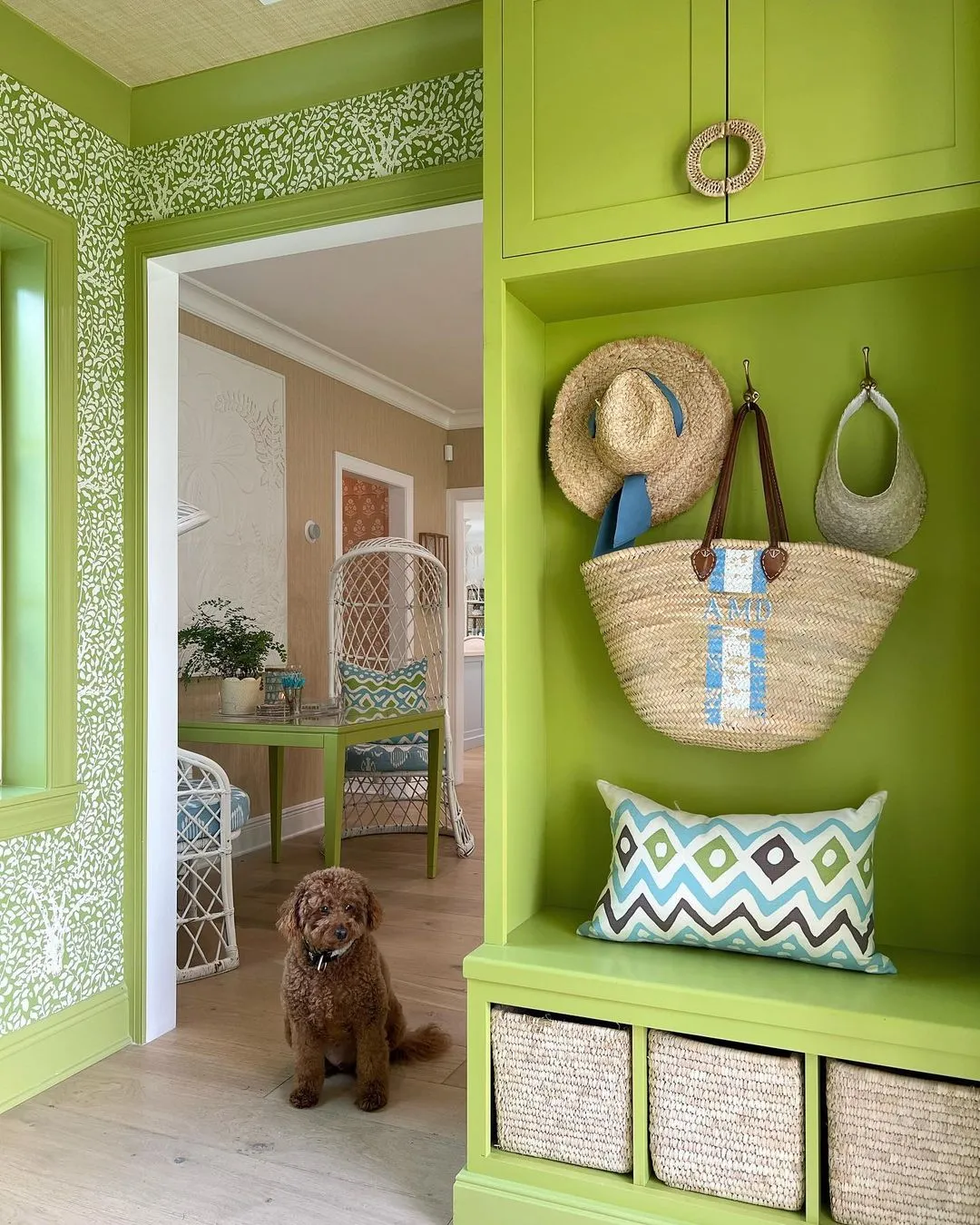 Alan Campbell Fabric: Cap Ferrat - Custom Blue / Green / Camel on White Belgian Linen / Cotton