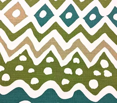 Alan Campbell Fabric: Cap Ferrat - Custom Blue / Green / Camel on White Belgian Linen / Cotton