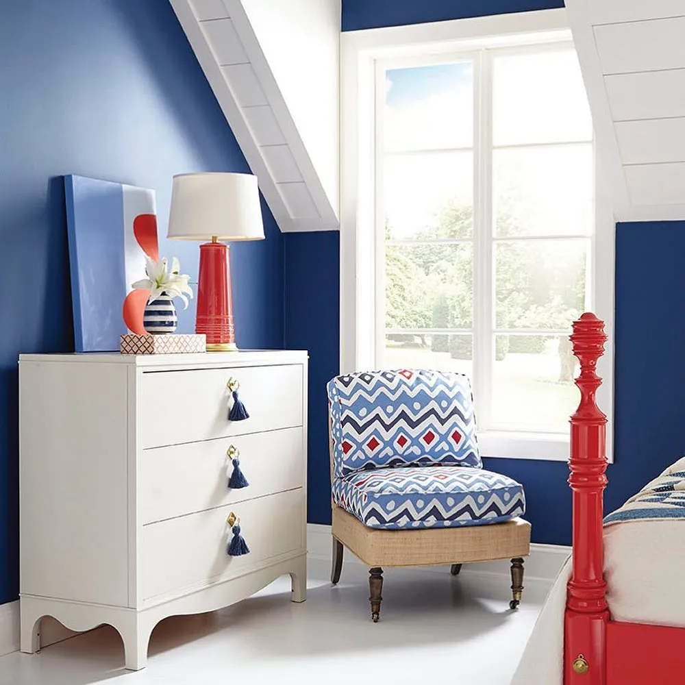 Alan Campbell Fabric: Cap Ferrat - Custom Navy / Blue / Orange on Tinted Belgian Linen / Cotton