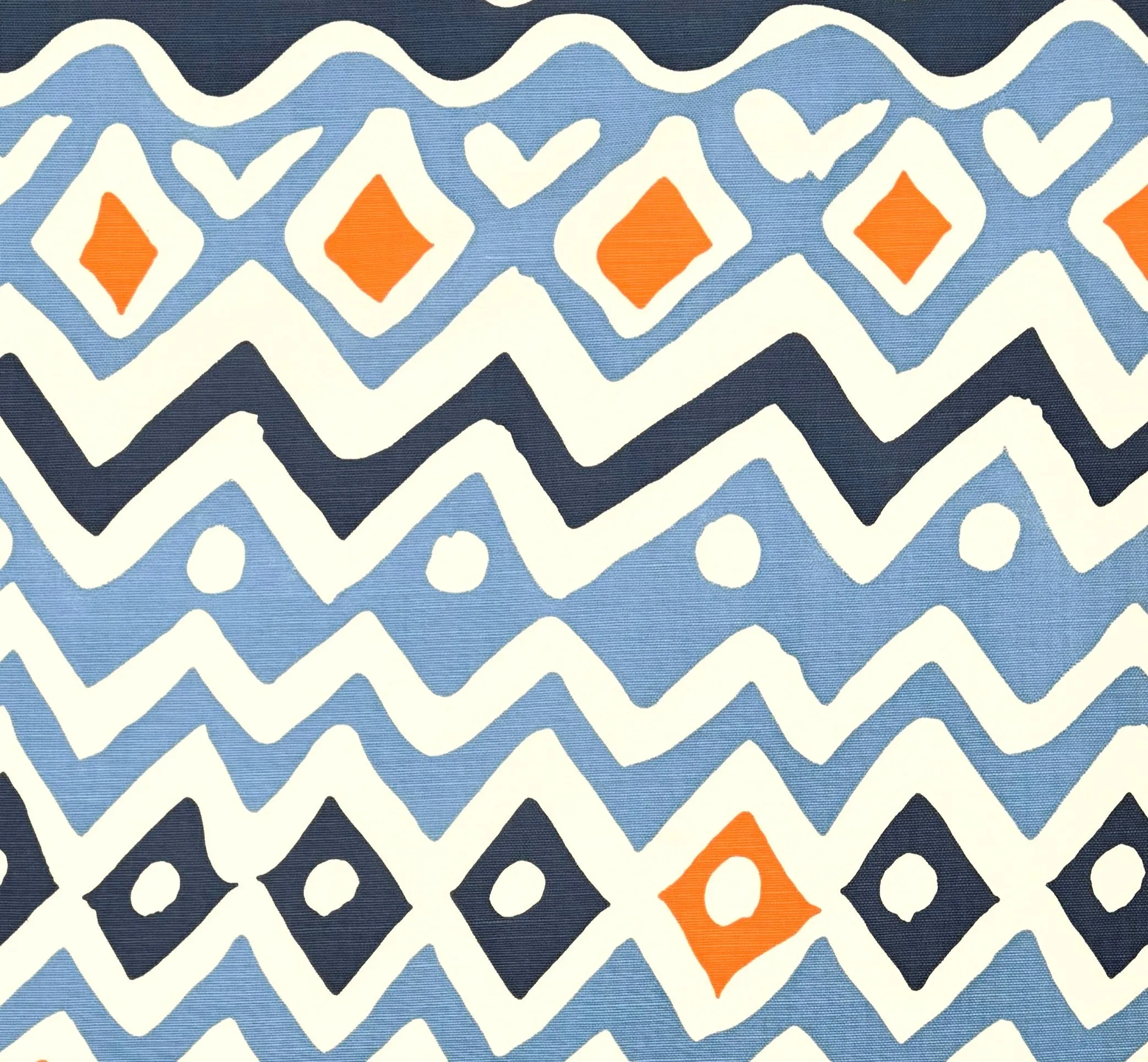 Alan Campbell Fabric: Cap Ferrat - Custom Navy / Blue / Orange on Tinted Belgian Linen / Cotton