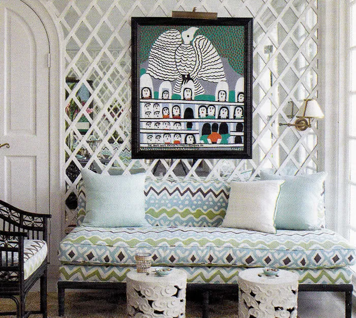 Alan Campbell Fabric: Cap Ferrat - Custom Turquoise / Green / Brown on White Belgian Linen / Cotton