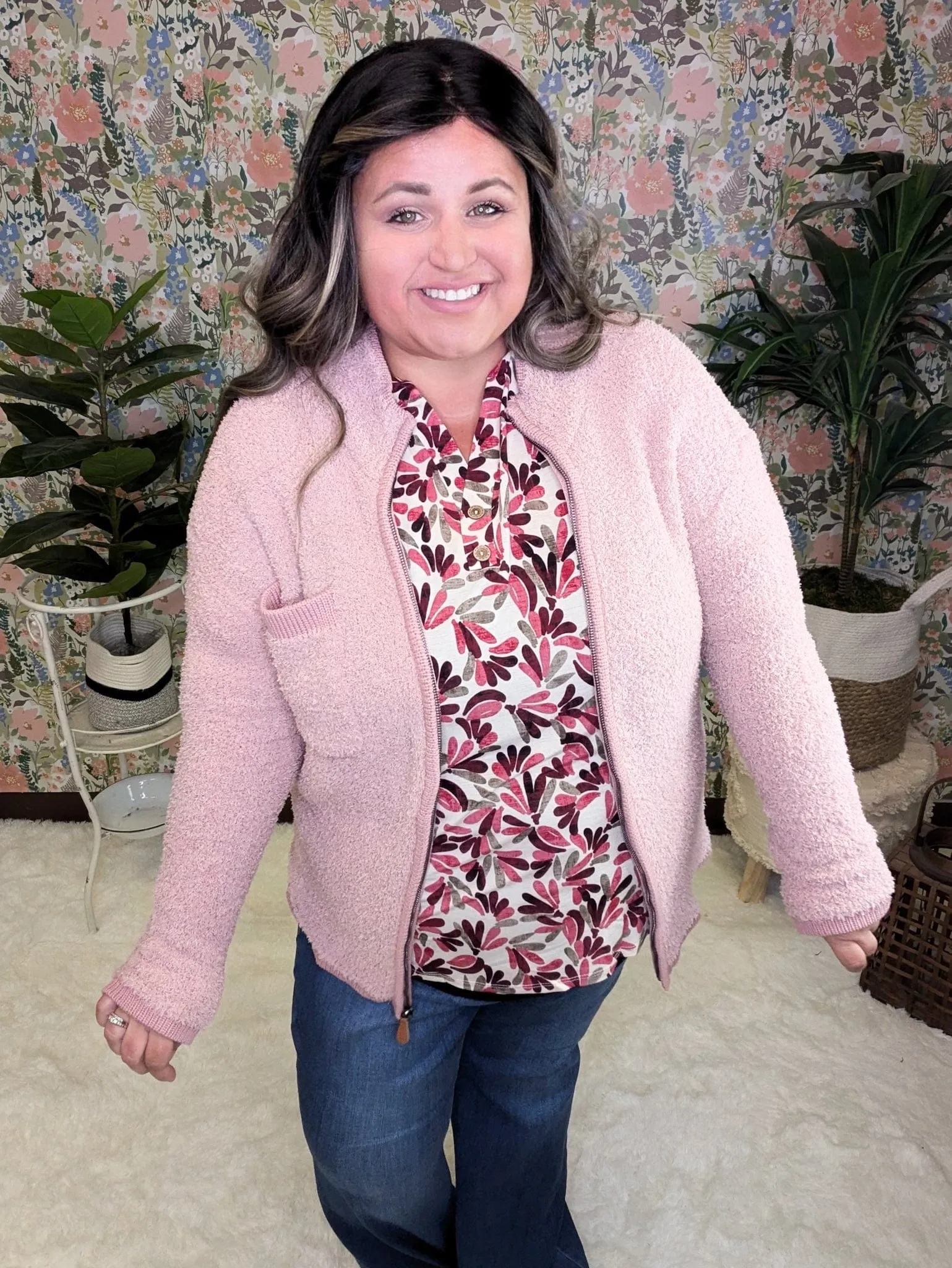 Alexia Soft Chenille Zip Up in Muted Mauve