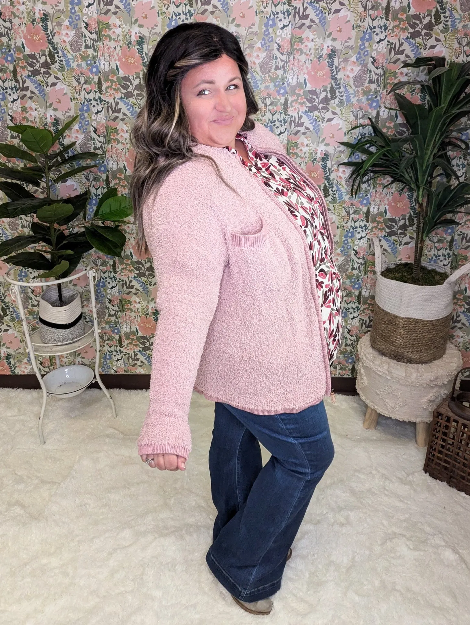 Alexia Soft Chenille Zip Up in Muted Mauve