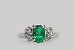 Art Deco Era Emerald & Diamond Engagement Ring with Geometric Epaulettes in Platinum