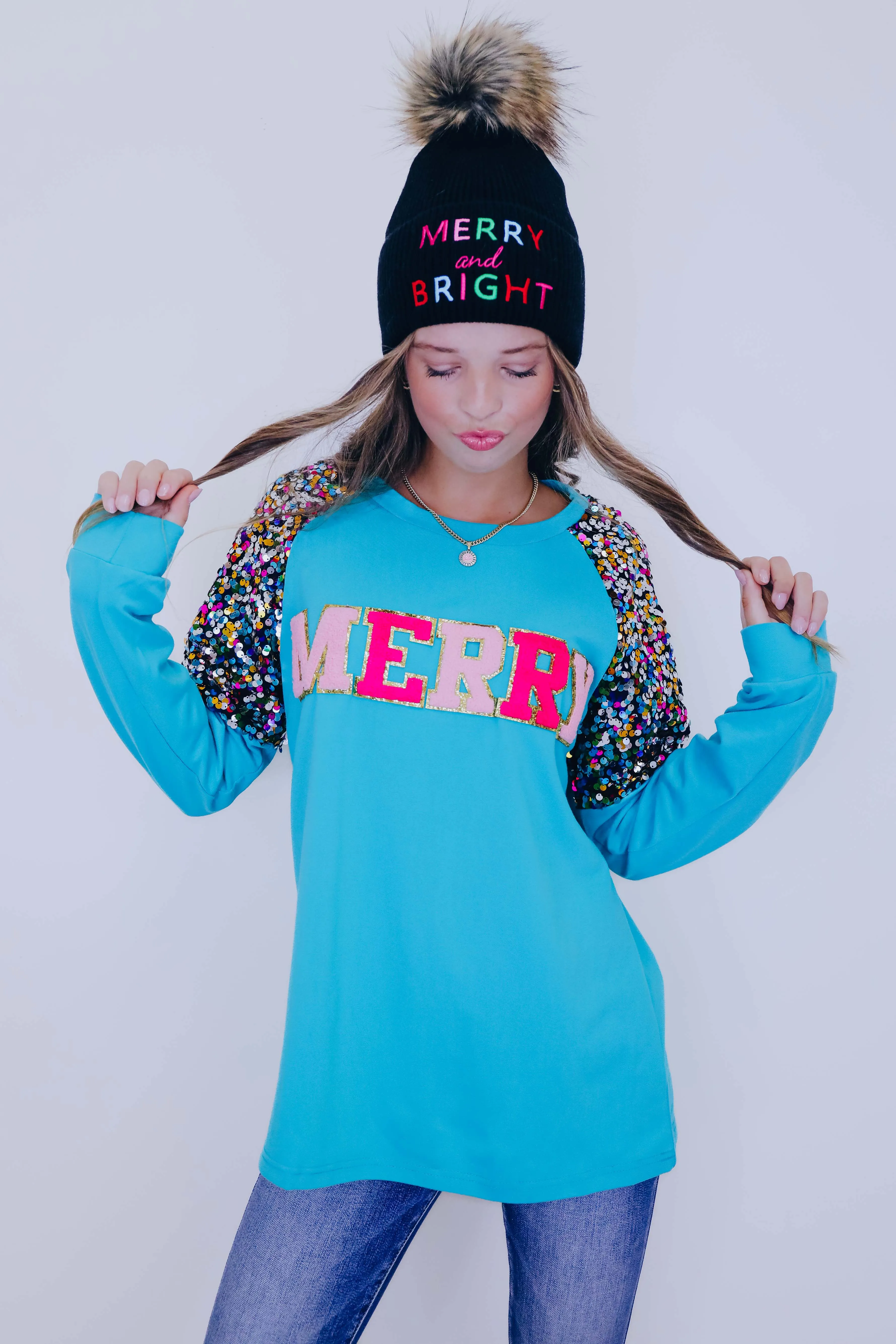 Be "Merry" Chenille Patch Sequin Top