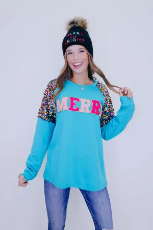 Be "Merry" Chenille Patch Sequin Top