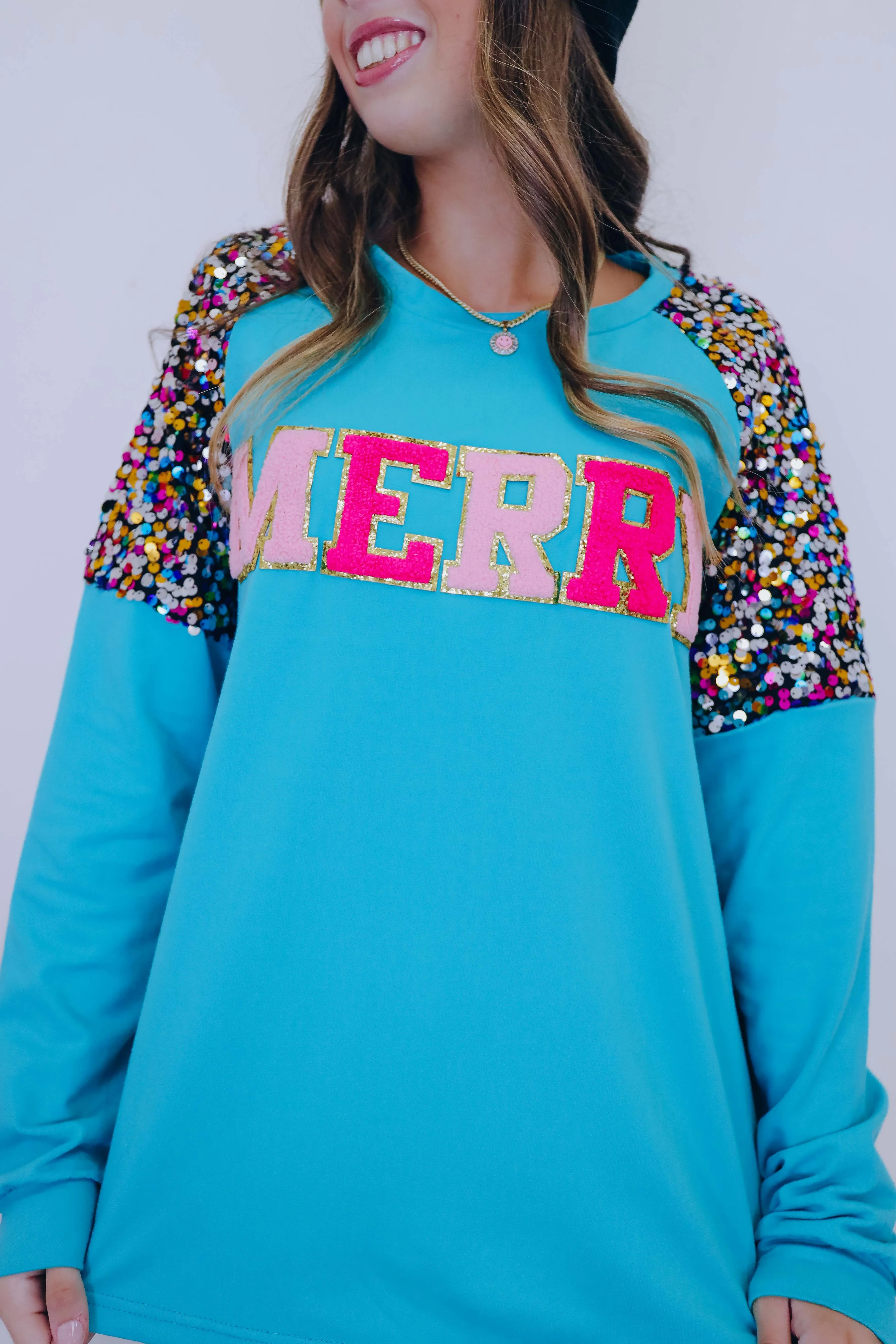 Be "Merry" Chenille Patch Sequin Top