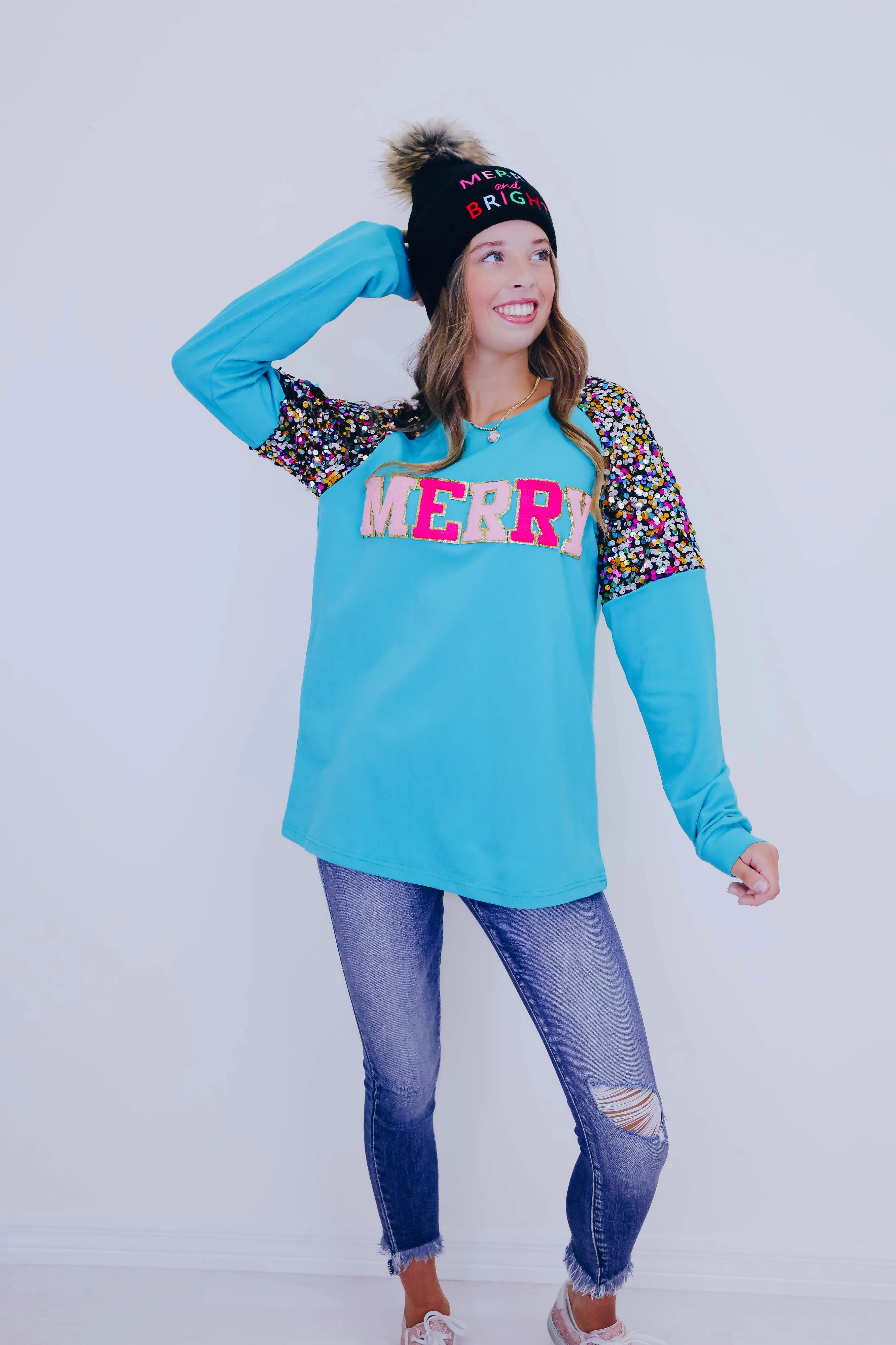 Be "Merry" Chenille Patch Sequin Top