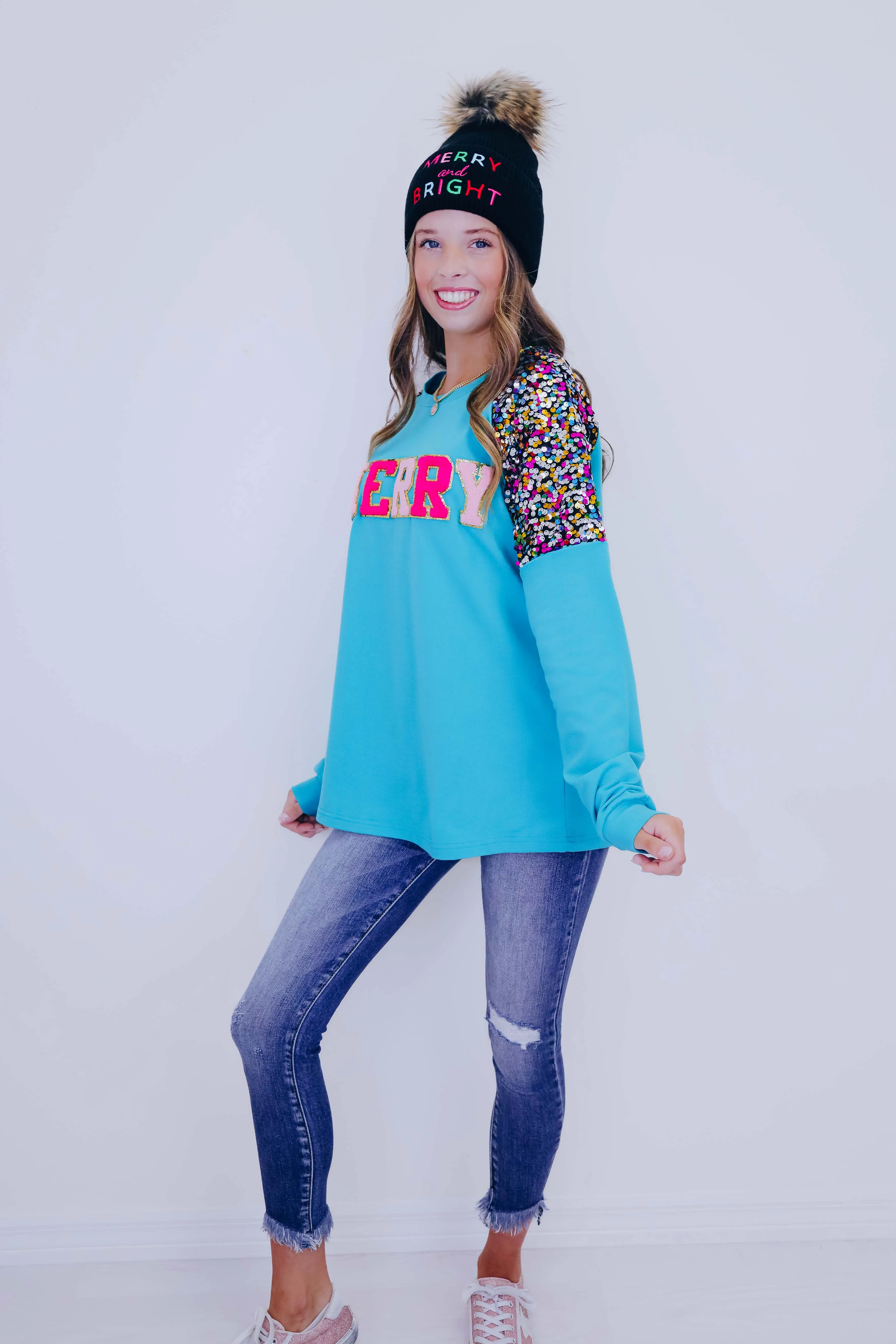 Be "Merry" Chenille Patch Sequin Top