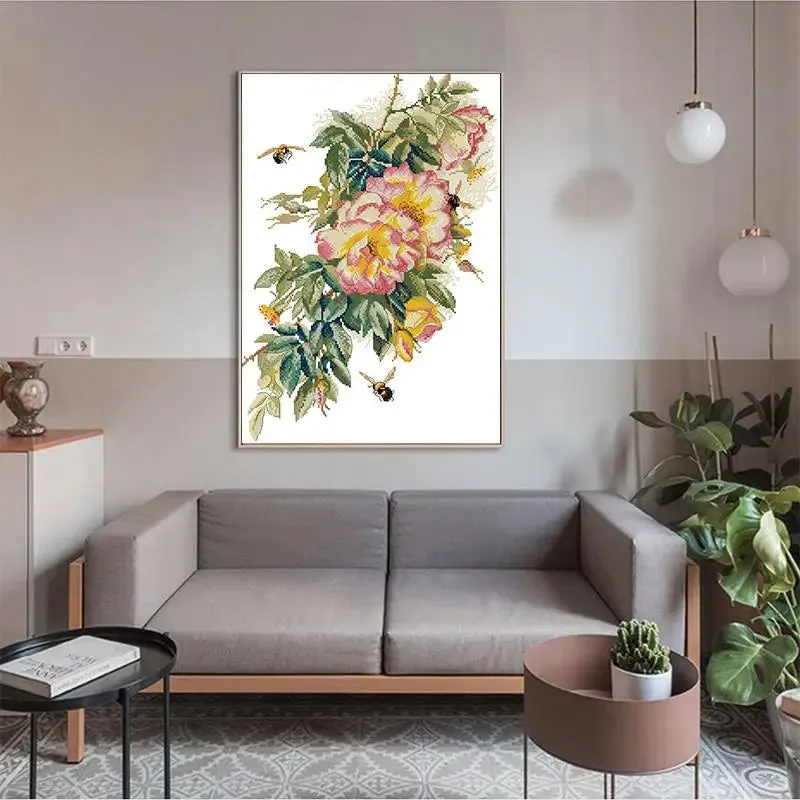 Bees and Roses Floral Pattern - Cross Stitch Kit