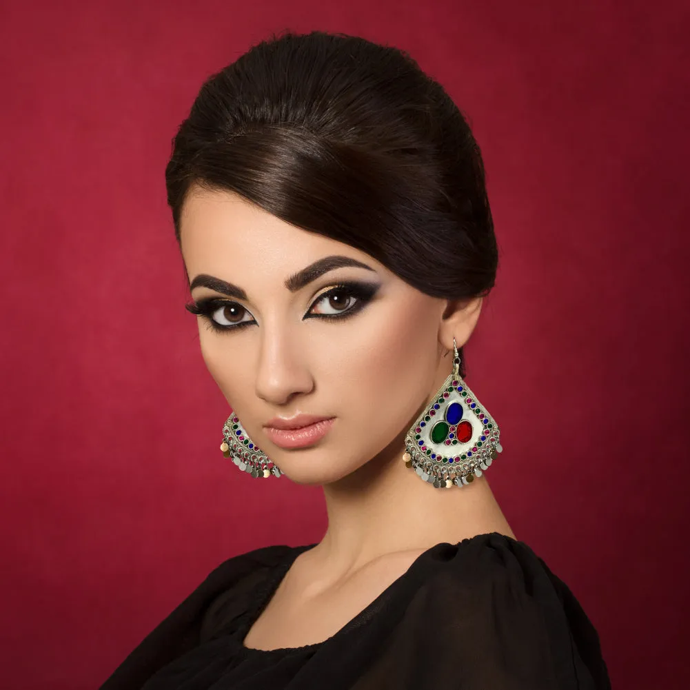 Big Triangle Tribal Afghan Womens Antique Finish Dangle Earrings in Multicolor Stones - Bohemian Fashion Party - Duel On Jewel