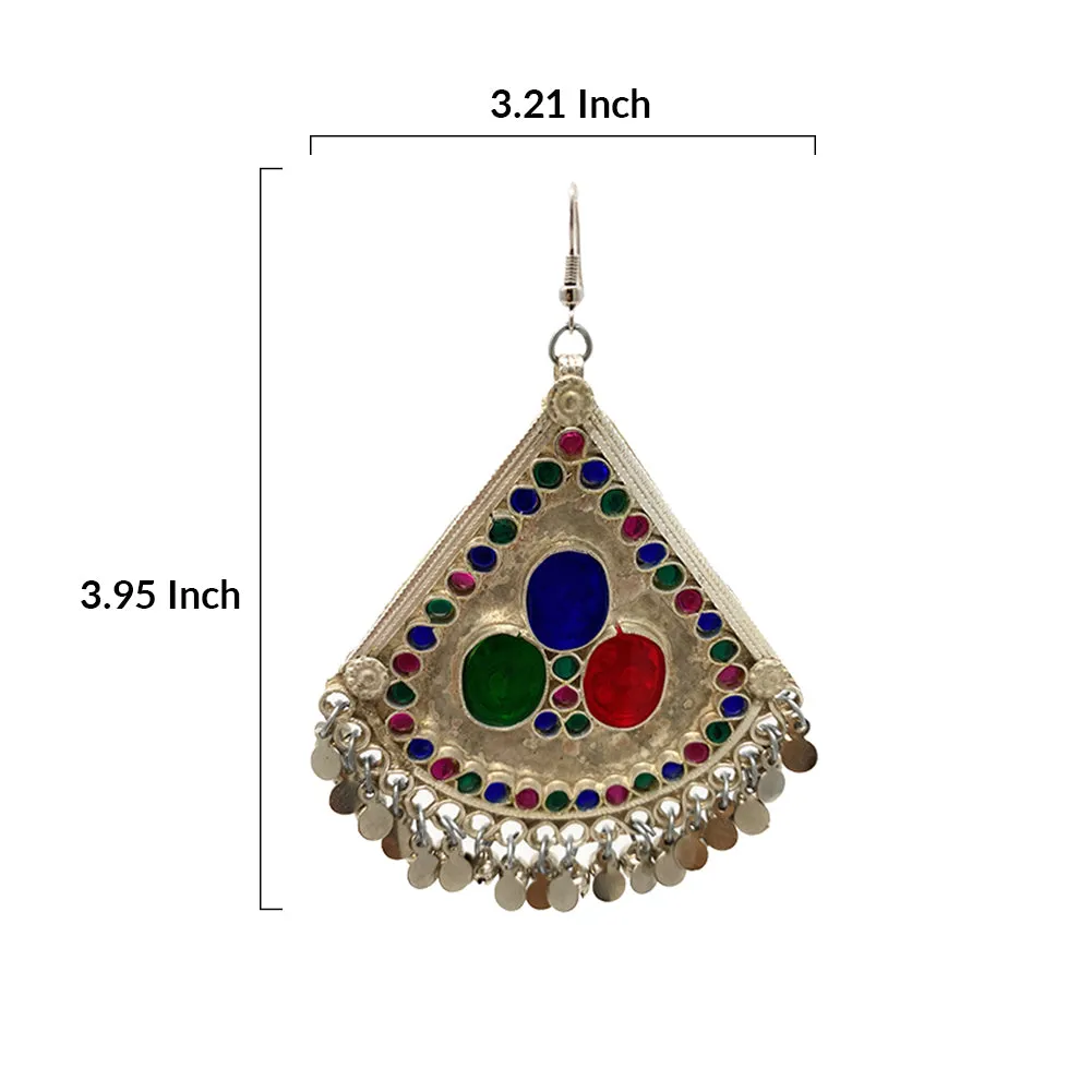 Big Triangle Tribal Afghan Womens Antique Finish Dangle Earrings in Multicolor Stones - Bohemian Fashion Party - Duel On Jewel