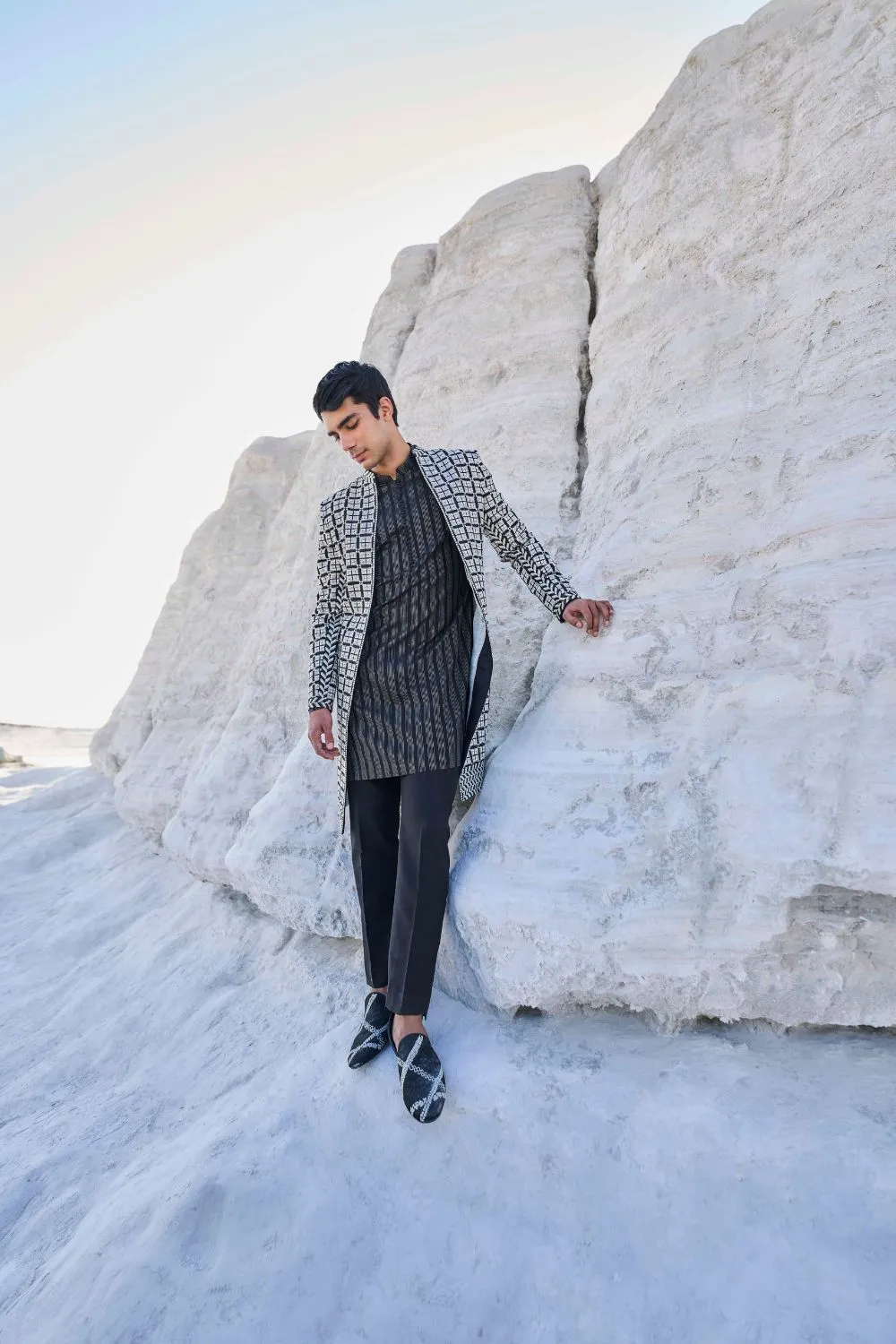 Black & White Open Sherwani Set