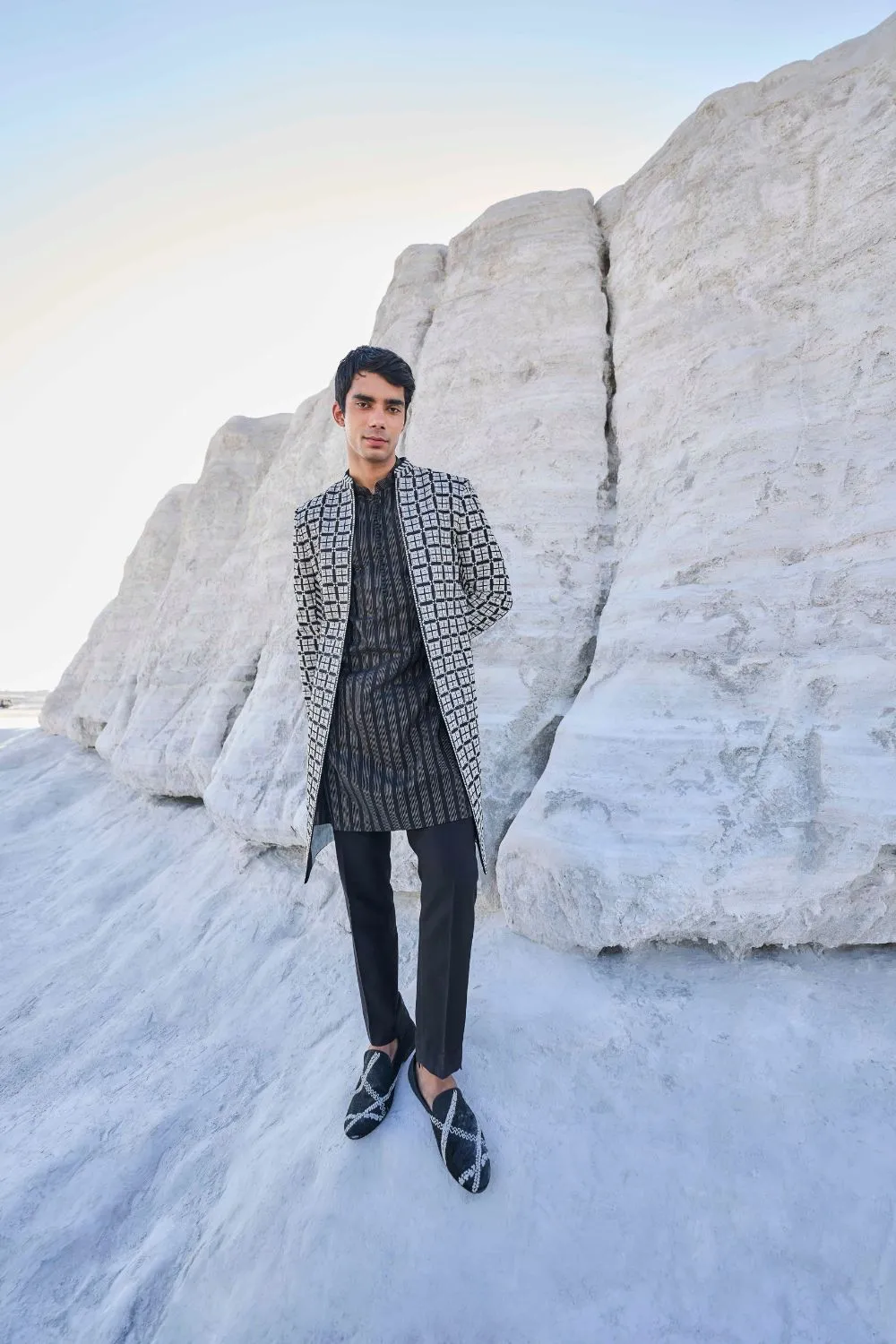 Black & White Open Sherwani Set