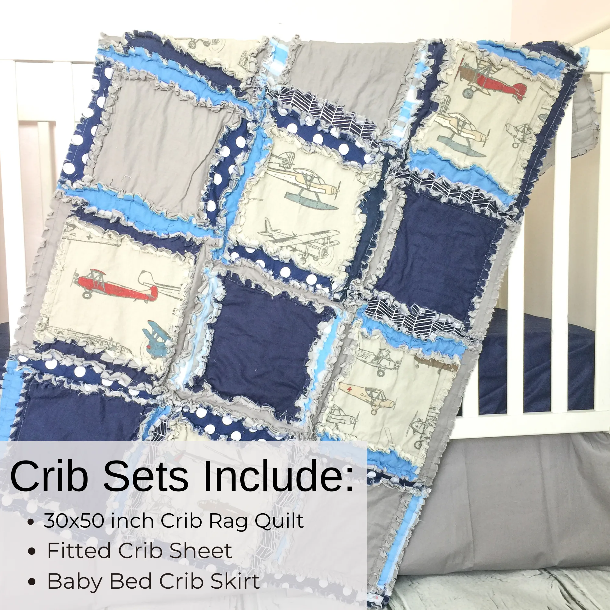 Blue Airplane Nursery Bedding | Handmade Rag Quilt for Baby Boy | Navy Blue & Gray
