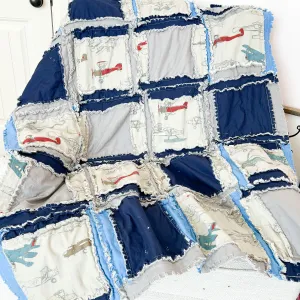 Blue Airplane Nursery Bedding | Handmade Rag Quilt for Baby Boy | Navy Blue & Gray