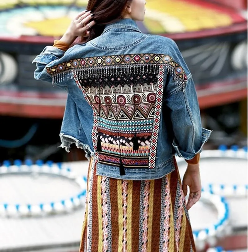 Boho Denim Jacket with Ethnic Appliques