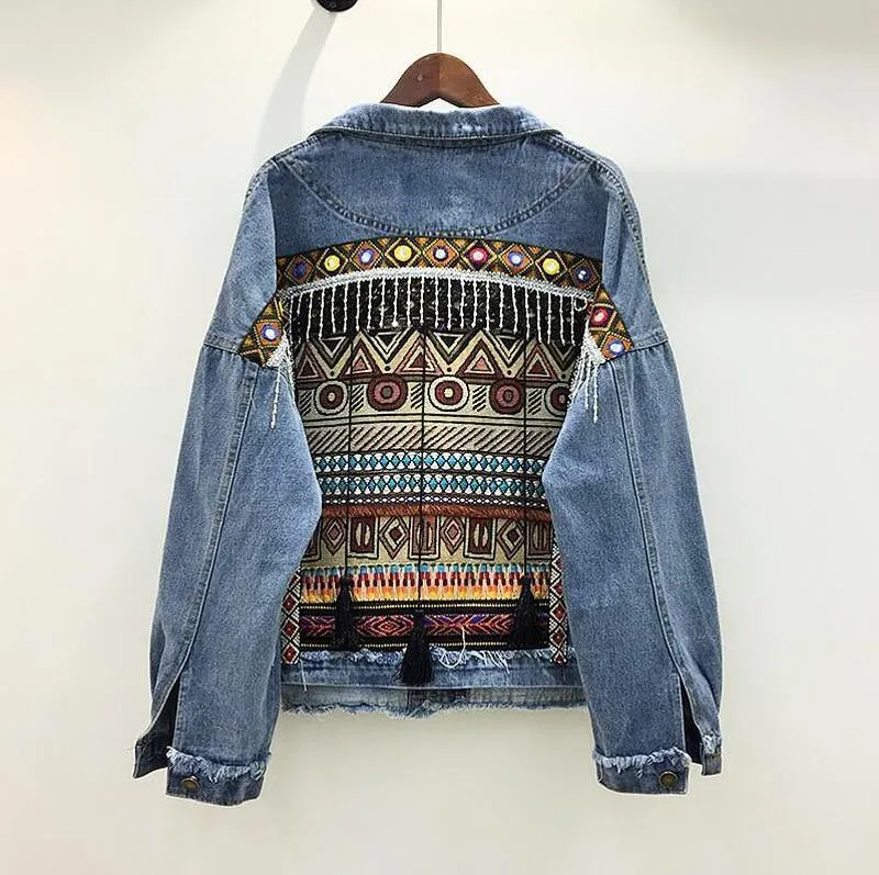 Boho Denim Jacket with Ethnic Appliques