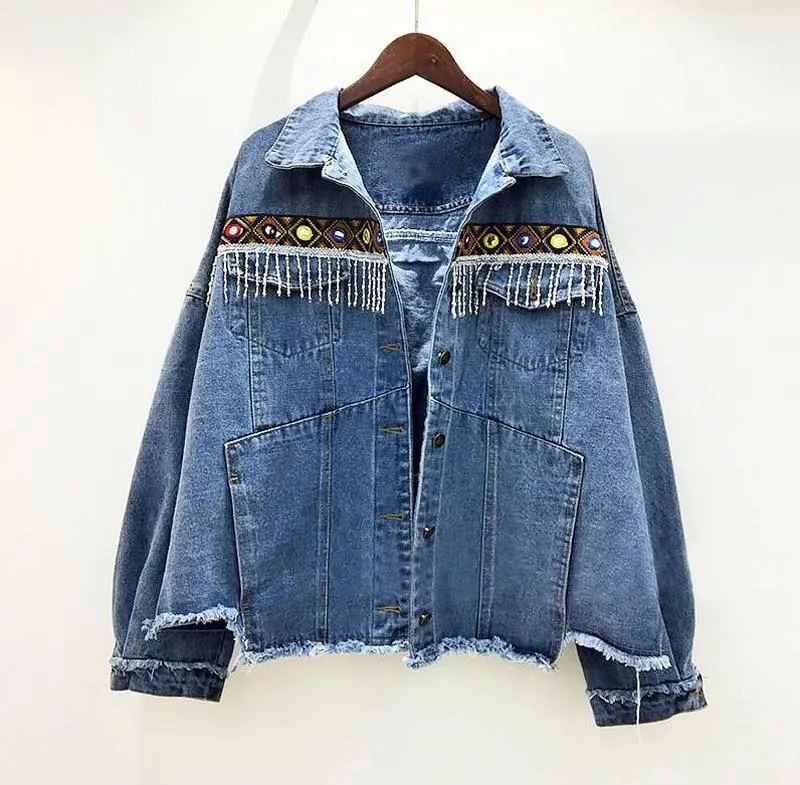 Boho Denim Jacket with Ethnic Appliques