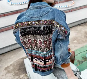 Boho Denim Jacket with Ethnic Appliques
