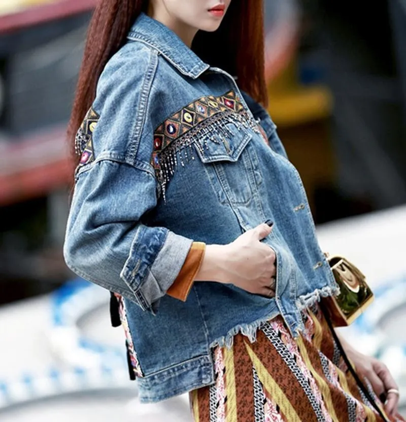 Boho Denim Jacket with Ethnic Appliques