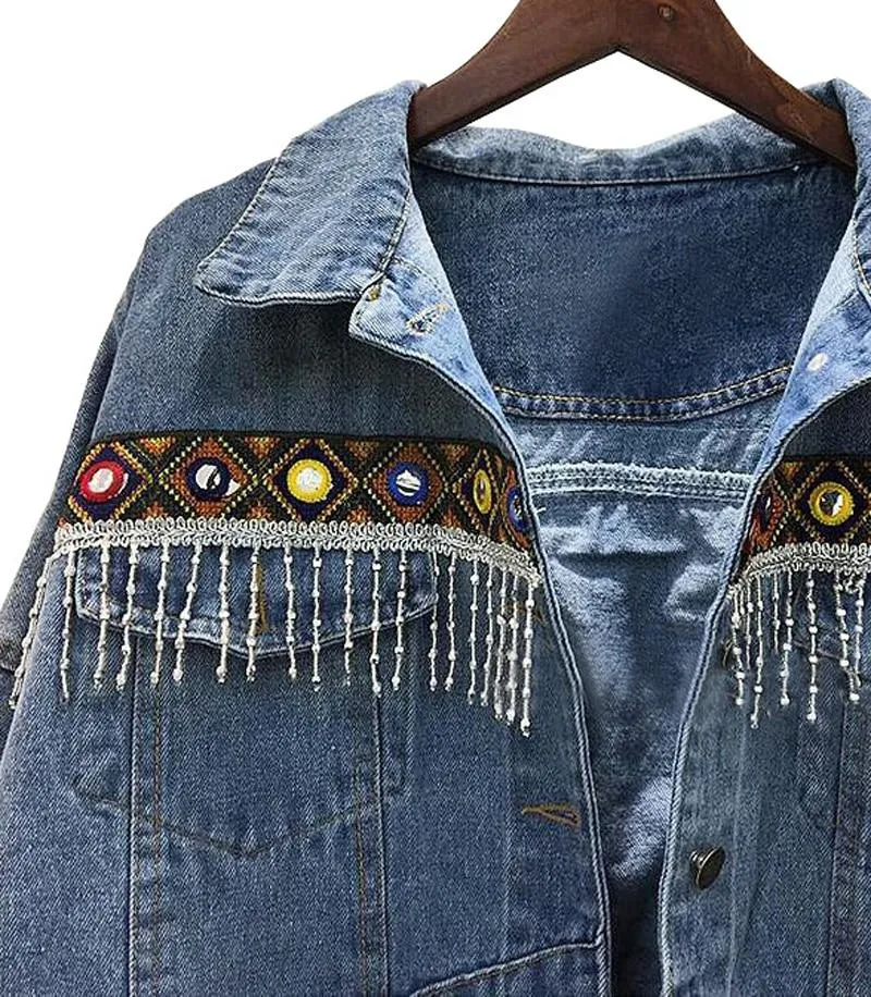 Boho Denim Jacket with Ethnic Appliques