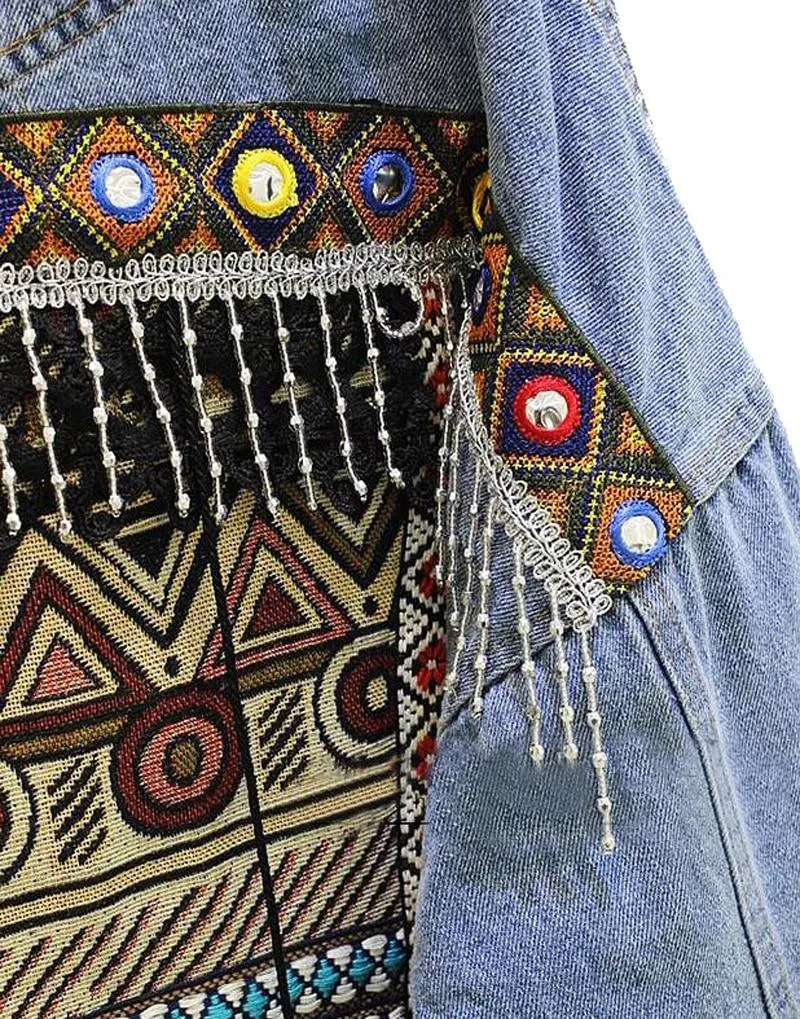 Boho Denim Jacket with Ethnic Appliques