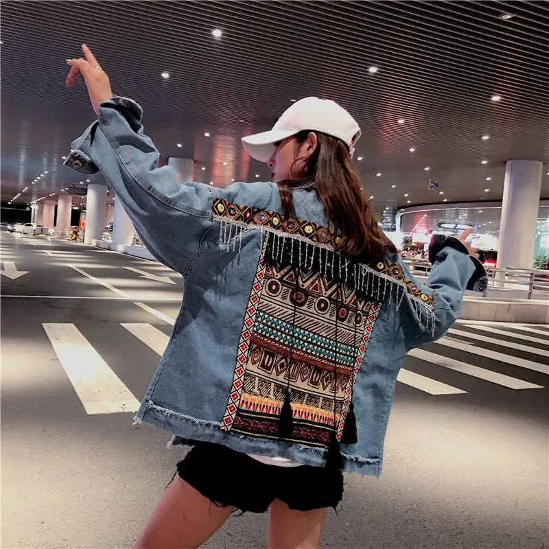 Boho Denim Jacket with Ethnic Appliques