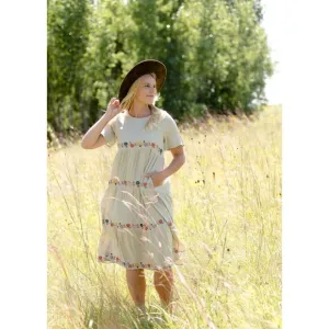 Boho Floral Embroidered Tiered Dress with Short Sleeves Cottagecore Lagenlook S