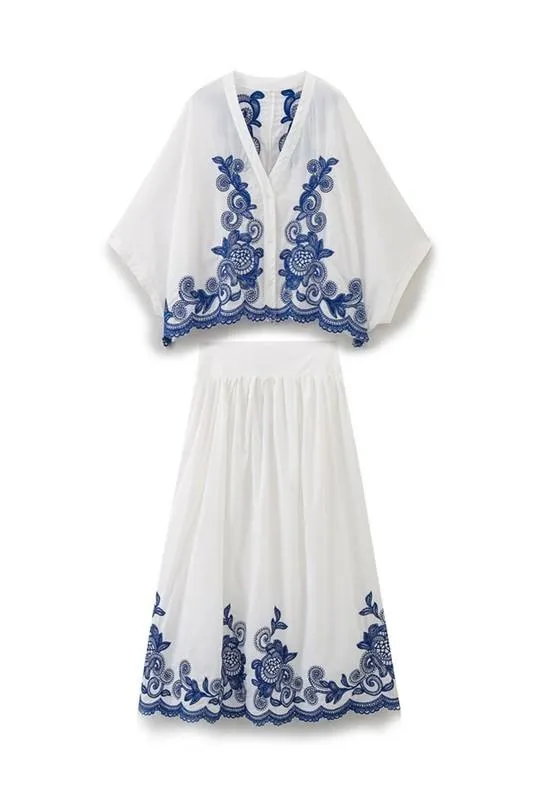 Boho White Embroidered Blue Skirt