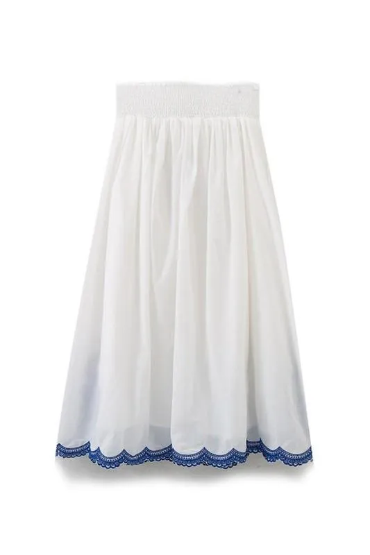 Boho White Embroidered Blue Skirt