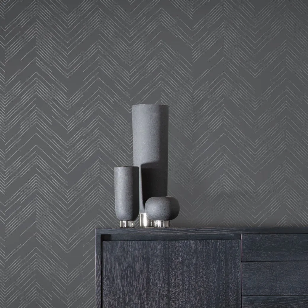 Charcoal & Silver Polished Chevron Wallpaper (60 SqFt)