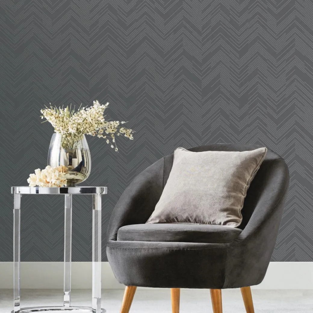 Charcoal & Silver Polished Chevron Wallpaper (60 SqFt)