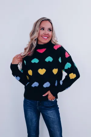 Chenille Hearts Mock Neck Sweater